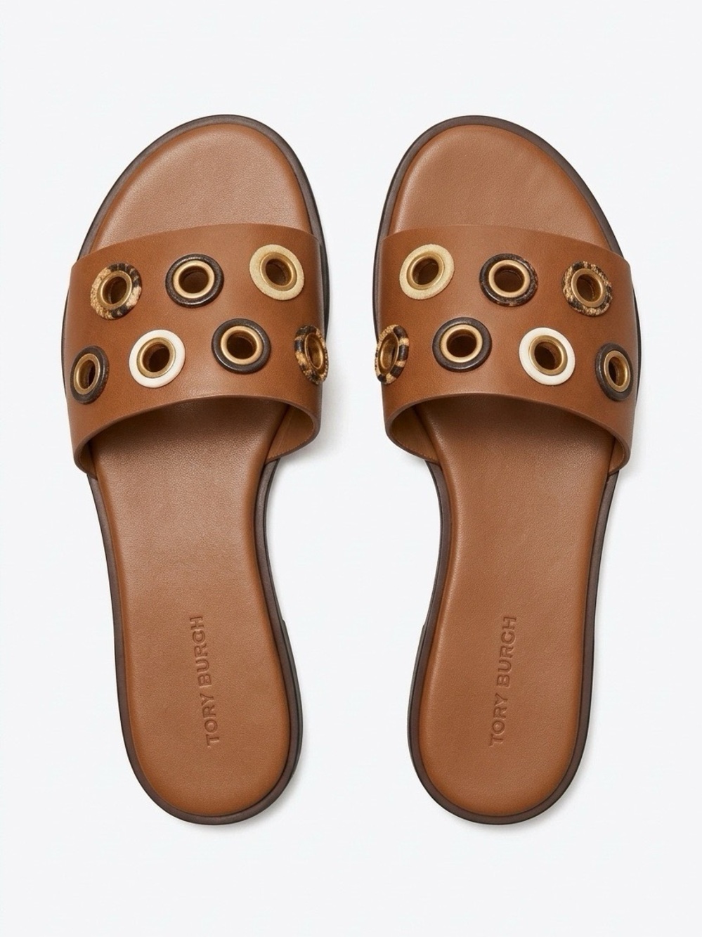 Tory Burch Brown Slide Sandals with Gold & Black Eyelet Accents